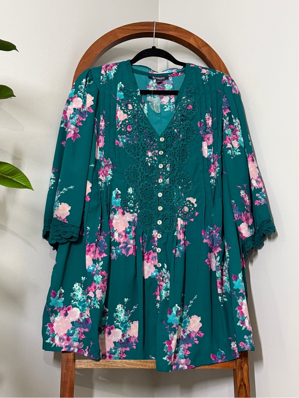 Roaman's 18W Green Floral Blouse Top